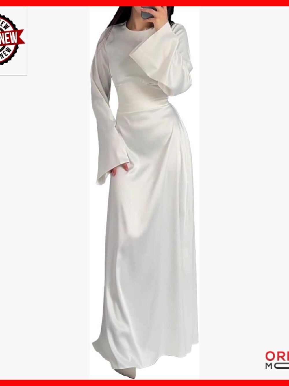 Long Sleeve Satin Maxi Dress with Back Lace Up and Waist Tie